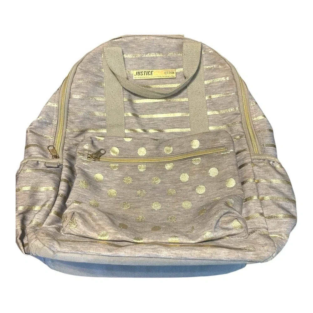 Justice Backpack Gray & Gold‎ Striped Polka Dot Est. 2004 Multi Compartment